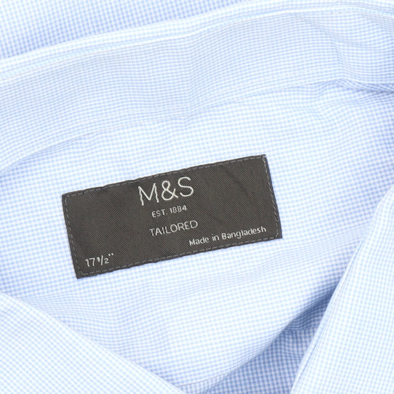 Marks and Spencer Men's Blue Check 17.5in Tailored Long Sleeve Shirt