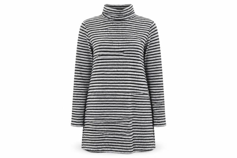 Front view of Springfield Women’s Grey Striped Roll Neck Tunic Jumper, size UK 14