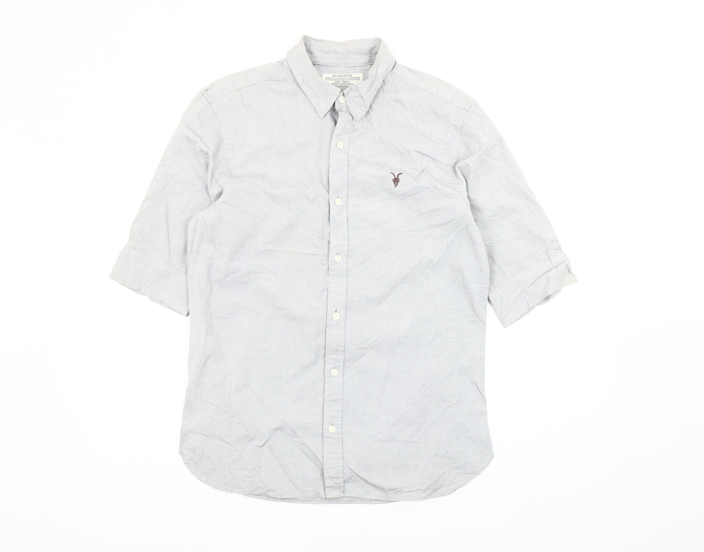 AllSaints Men's Grey Small Button-Down Collar 3/4 Sleeve Shirt