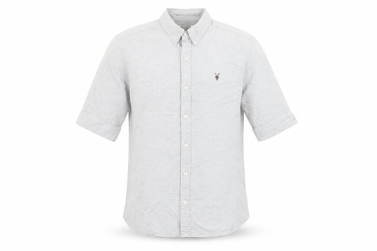Front view of AllSaints Men's Grey Small Button-Down Collar 3/4 Sleeve Shirt