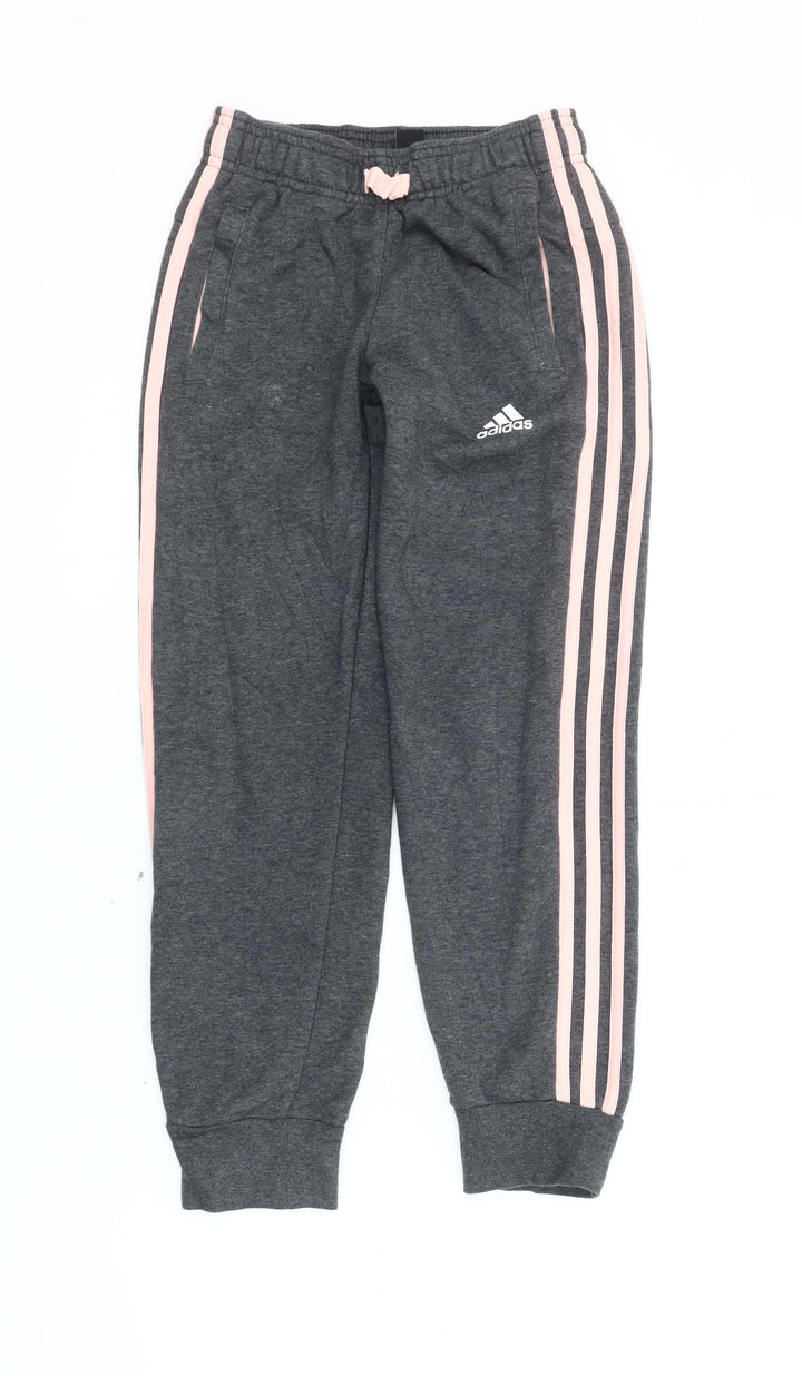 Adidas Girls Grey 9-10Y Jogger Trousers Side Stripe Elastic Waist