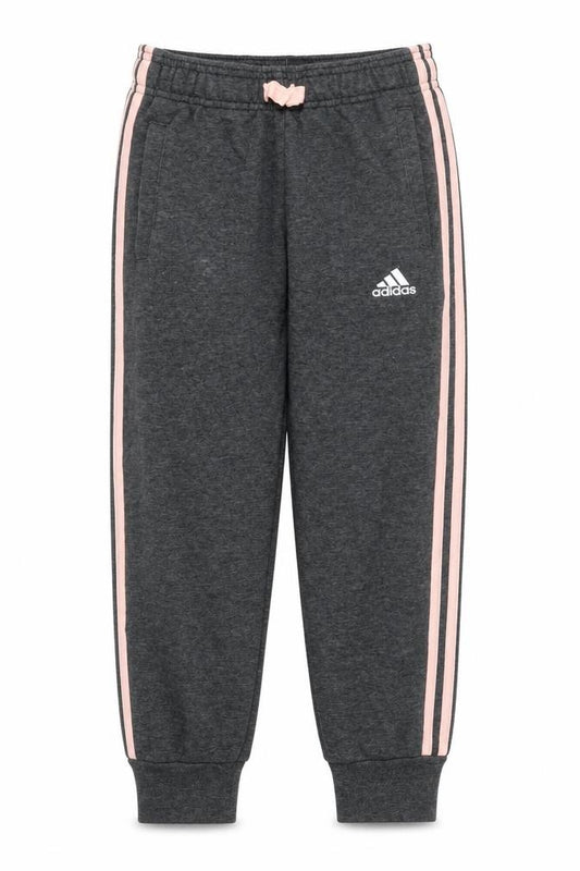 Front view of Adidas girls’ grey 9-10y jogger trousers side stripe elastic waist