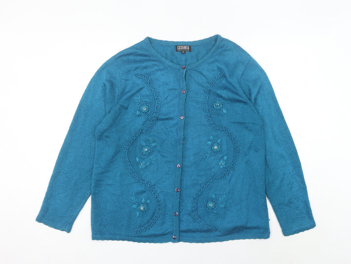 Casamia Women's Blue Floral Knit Long Sleeve Cardigan M