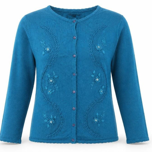 Casamia Women's Blue Floral Knit Long Sleeve Cardigan M