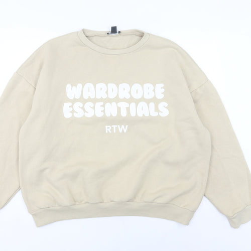 Boohoo Women Beige L Pullover Sweatshirt Crew Neck Graphic Print