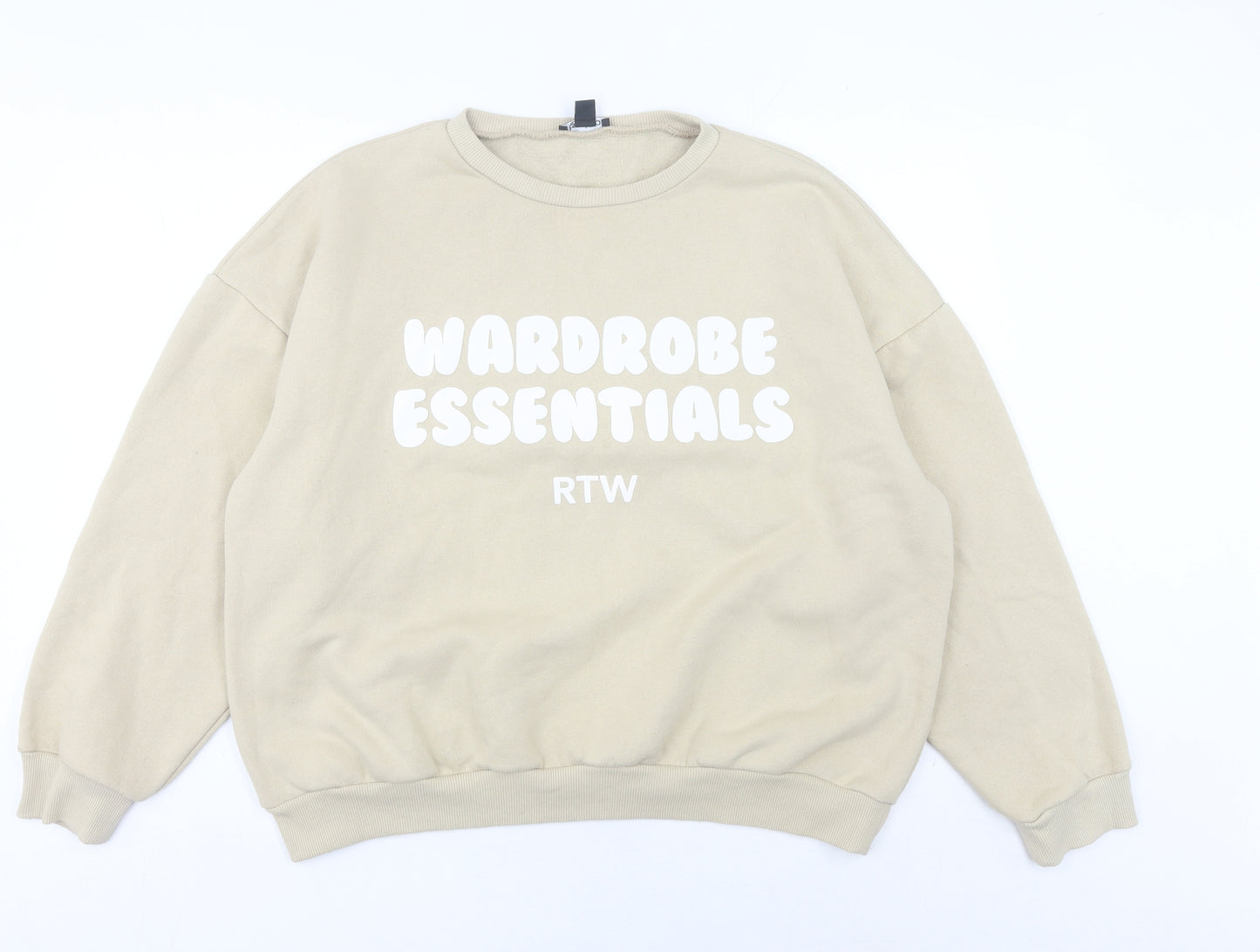 Boohoo Women Beige L Pullover Sweatshirt Crew Neck Graphic Print