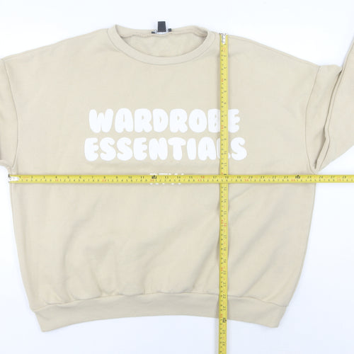 Boohoo Women Beige L Pullover Sweatshirt Crew Neck Graphic Print