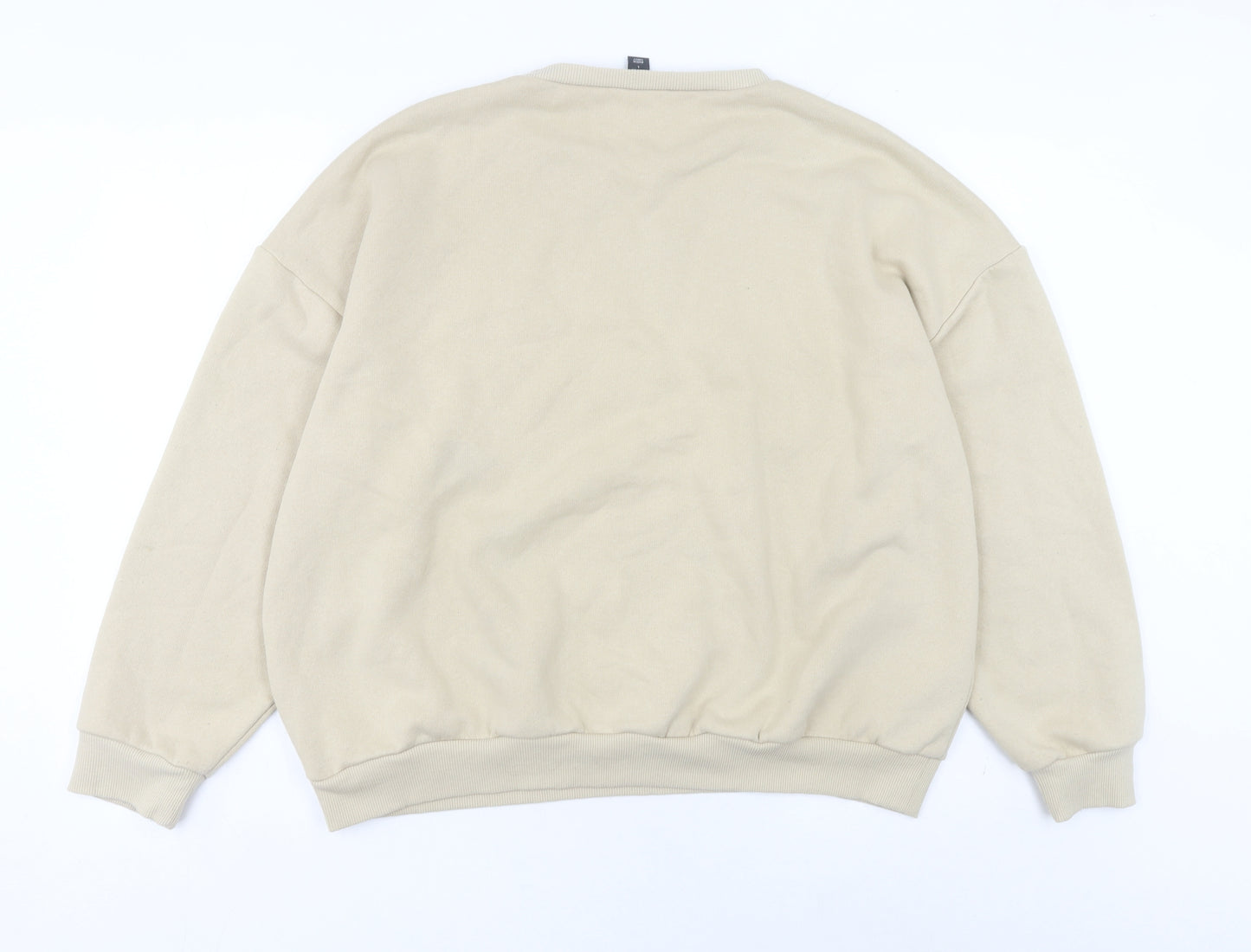 Boohoo Women Beige L Pullover Sweatshirt Crew Neck Graphic Print