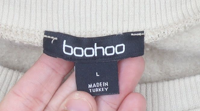 Boohoo Women Beige L Pullover Sweatshirt Crew Neck Graphic Print