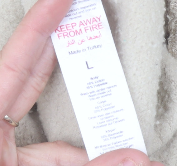 Boohoo Women Beige L Pullover Sweatshirt Crew Neck Graphic Print