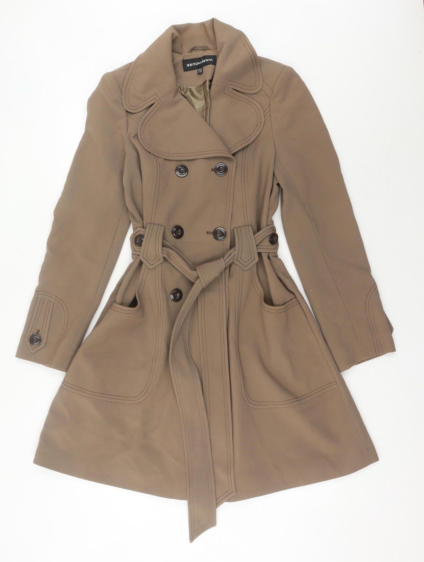 Warehouse Women’s Brown Trench Coat Size 12 Belted Long Sleeve