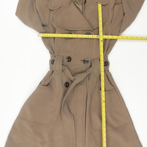 Warehouse Women’s Brown Trench Coat Size 12 Belted Long Sleeve