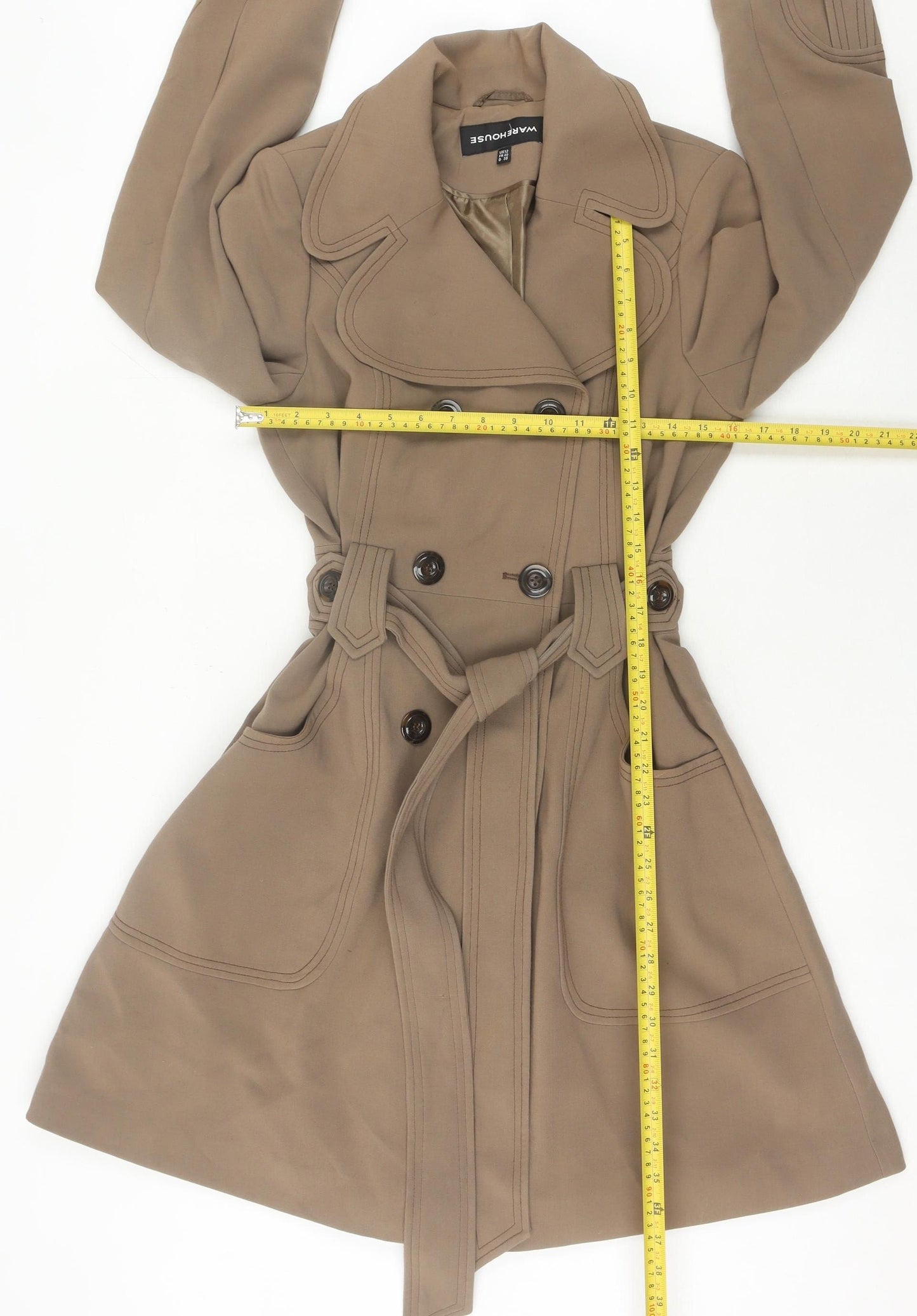 Warehouse Women’s Brown Trench Coat Size 12 Belted Long Sleeve