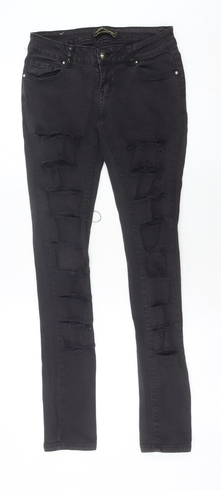 Realty Jeans Womens Black Skinny Distressed Rhinestone Slim Jeans M 28