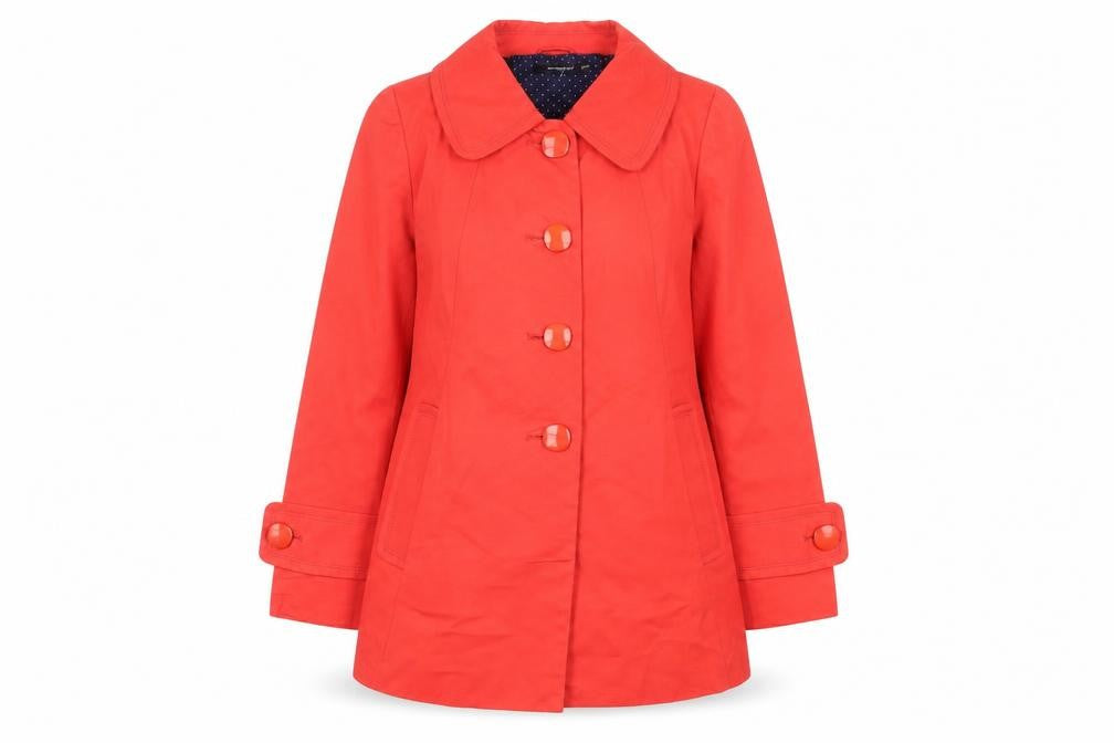 Front view of Atmosphere Women Red Cotton Mid-Length Trench Coat, size 12