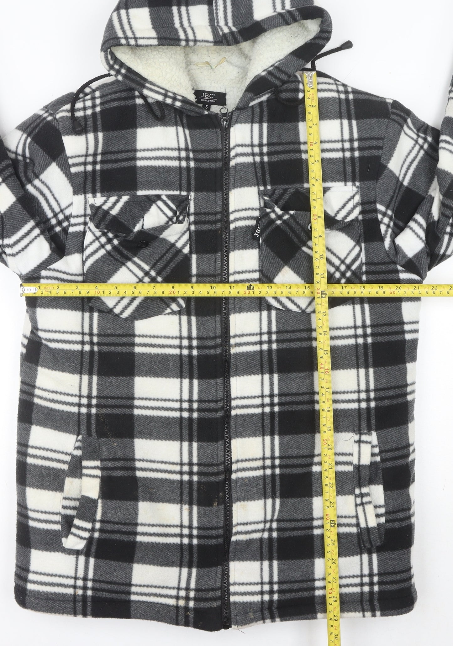 JBC Collection Men's Black Check Fleece Hooded Mid-Length Jacket S