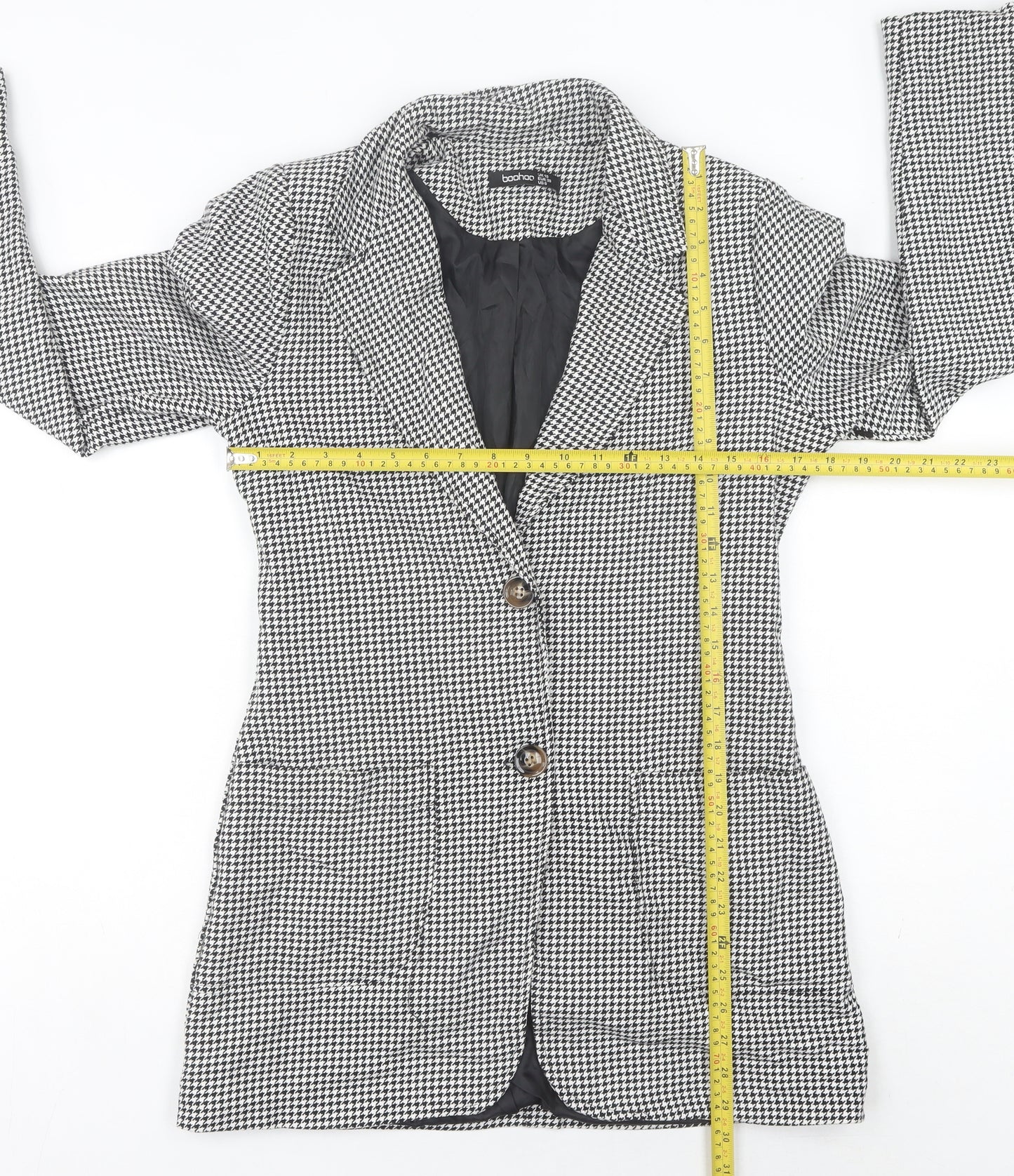 Boohoo Women’s Black Houndstooth Mid-Length Blazer UK 10