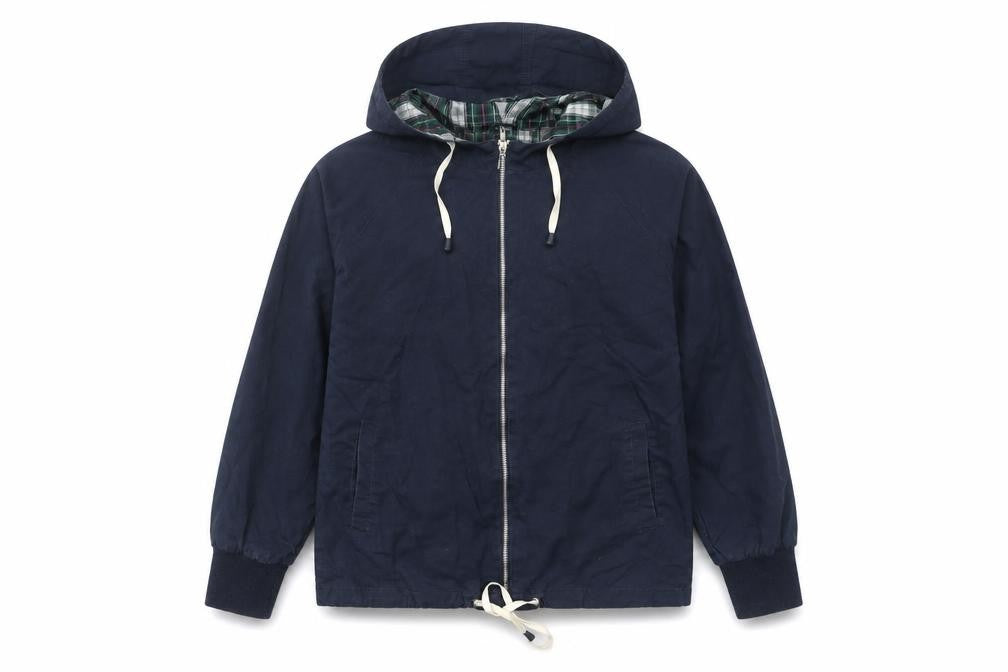 Front view of Pop England Men's Blue Small Hooded Cotton Windbreaker Jacket