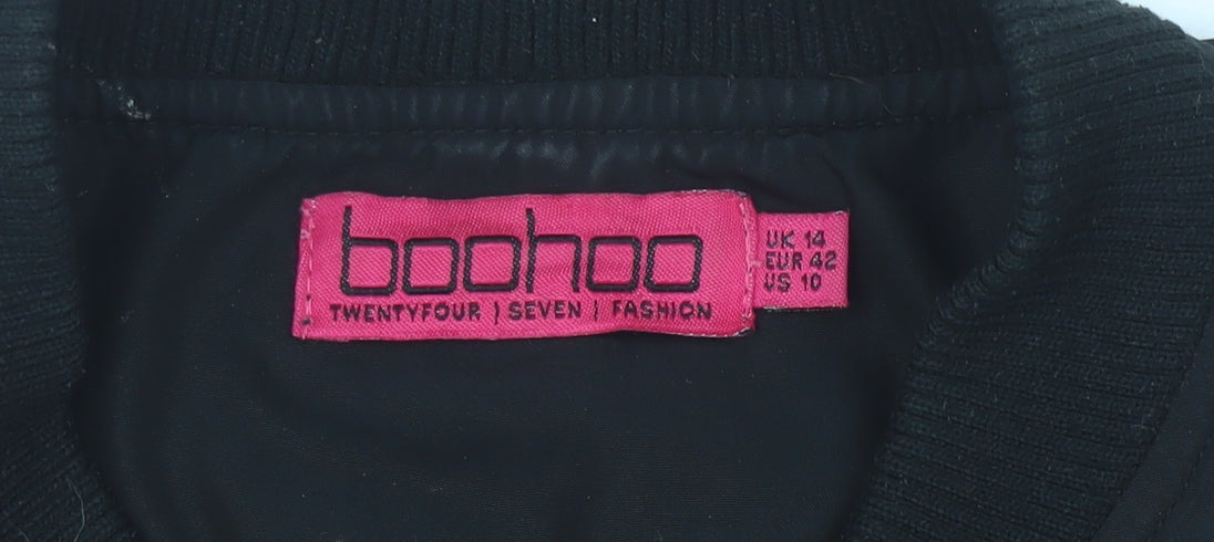 Boohoo Women Black Bomber Jacket Size 14 Casual Full Zip