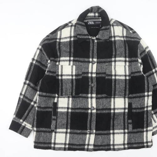 Zara Women’s Black Check Mid-Length Jacket L Collared Button Autumn Winter