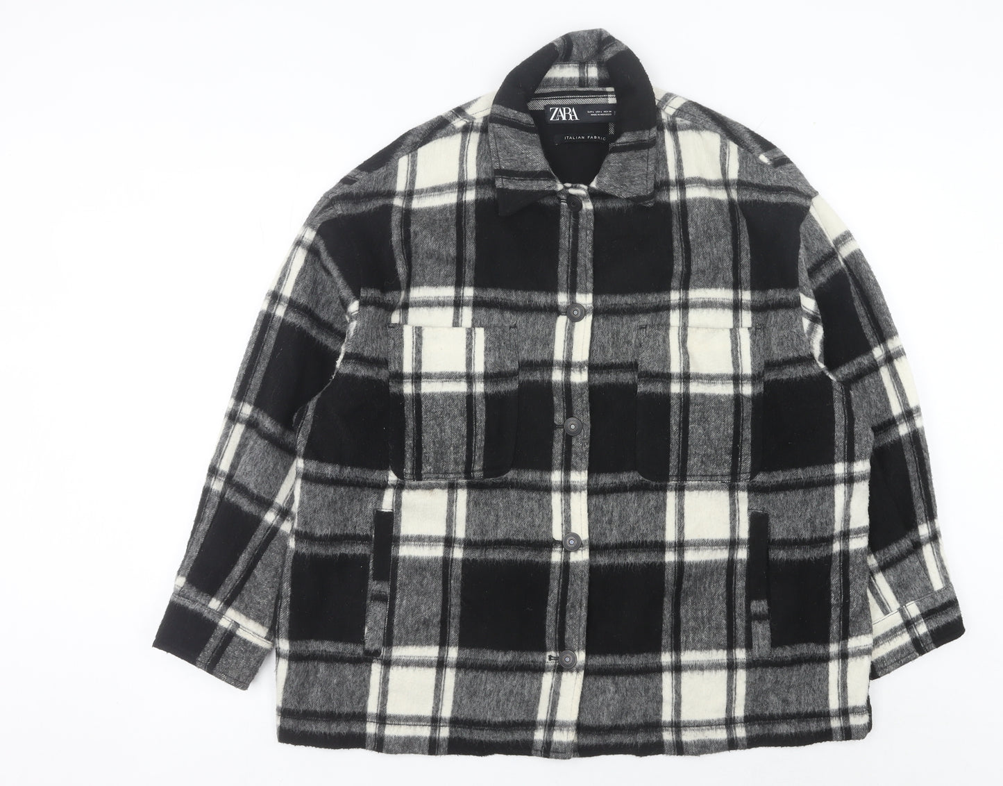 Zara Women’s Black Check Mid-Length Jacket L Collared Button Autumn Winter