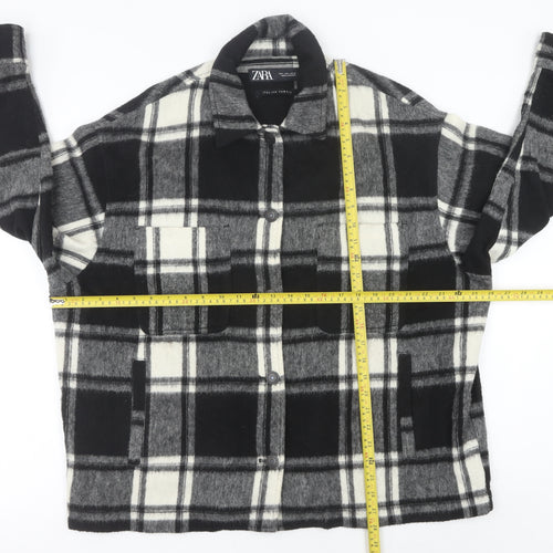 Zara Women’s Black Check Mid-Length Jacket L Collared Button Autumn Winter