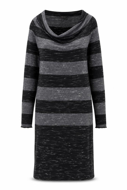 Front view of Phase Eight Women’s Grey Striped Cowl Neck Jumper Dress, size UK 12