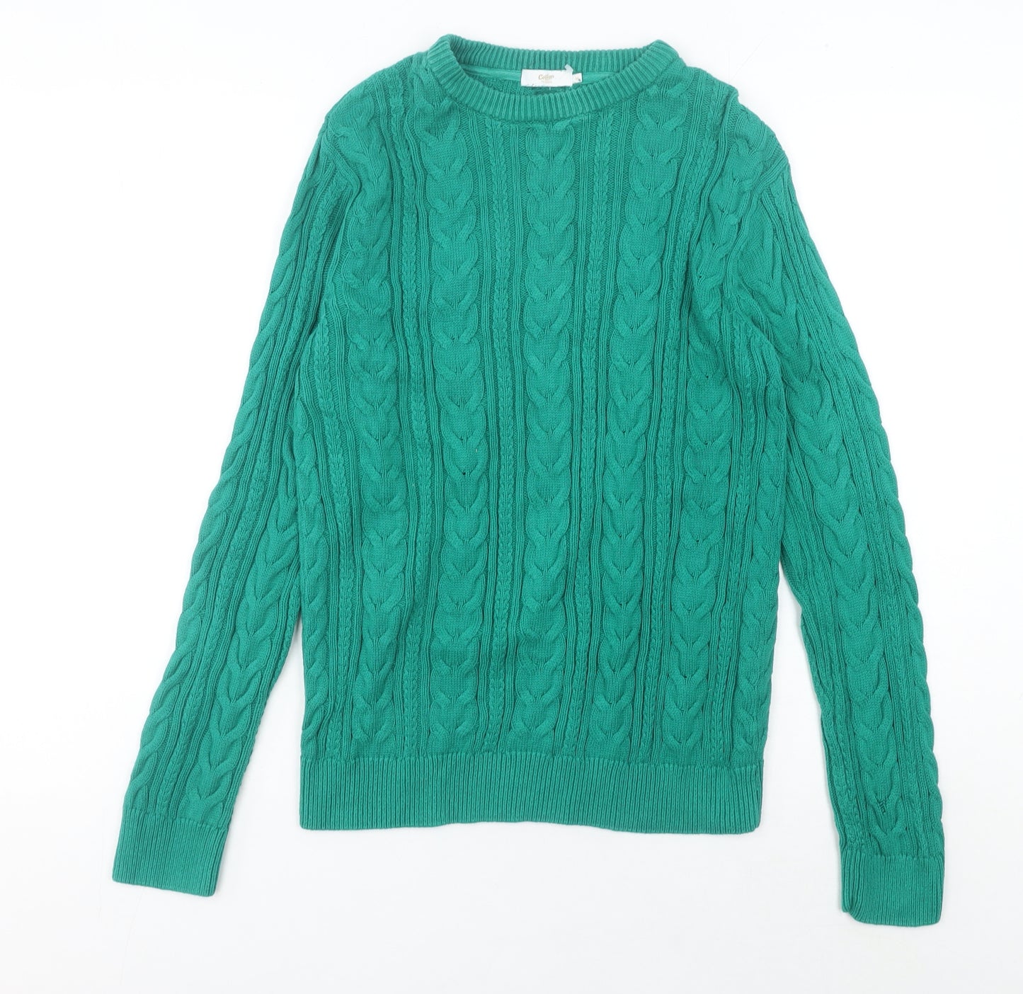 Cotton Traders Women's Green Cable-Knit Cotton Jumper Size M