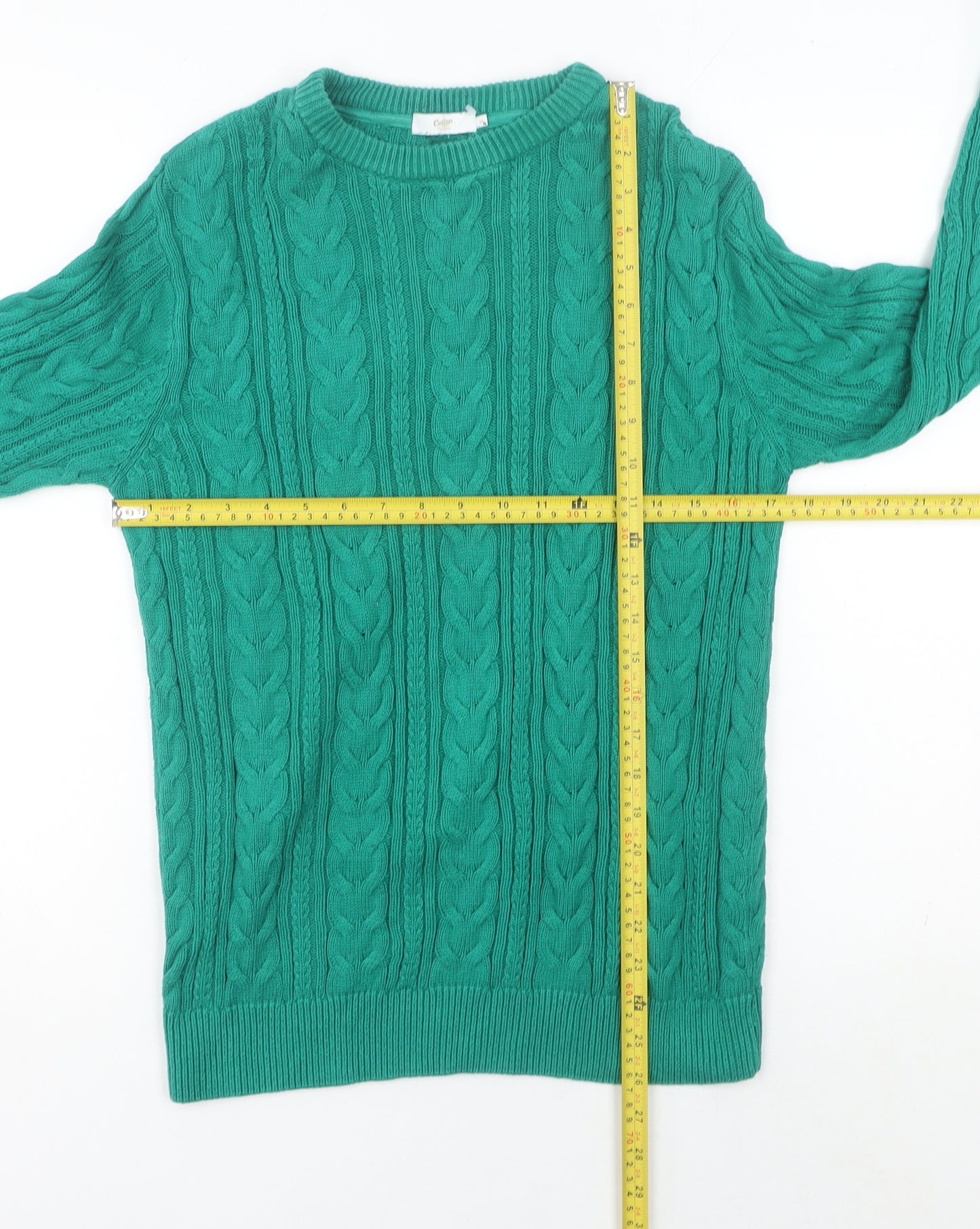 Cotton Traders Women's Green Cable-Knit Cotton Jumper Size M