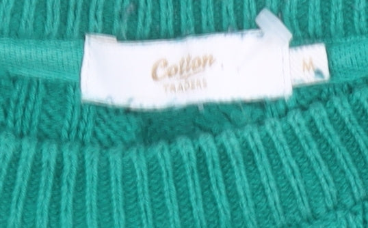 Cotton Traders Women's Green Cable-Knit Cotton Jumper Size M