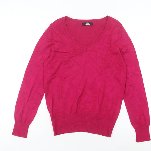 Marks and Spencer Women Pink Size 12 V-Neck Long Sleeve Pullover Jumper