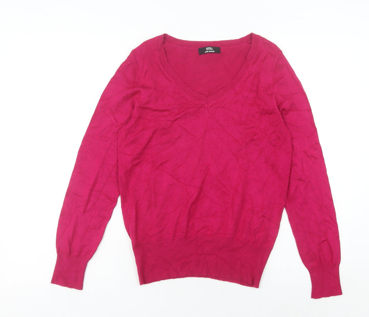 Marks and Spencer Women Pink Size 12 V-Neck Long Sleeve Pullover Jumper