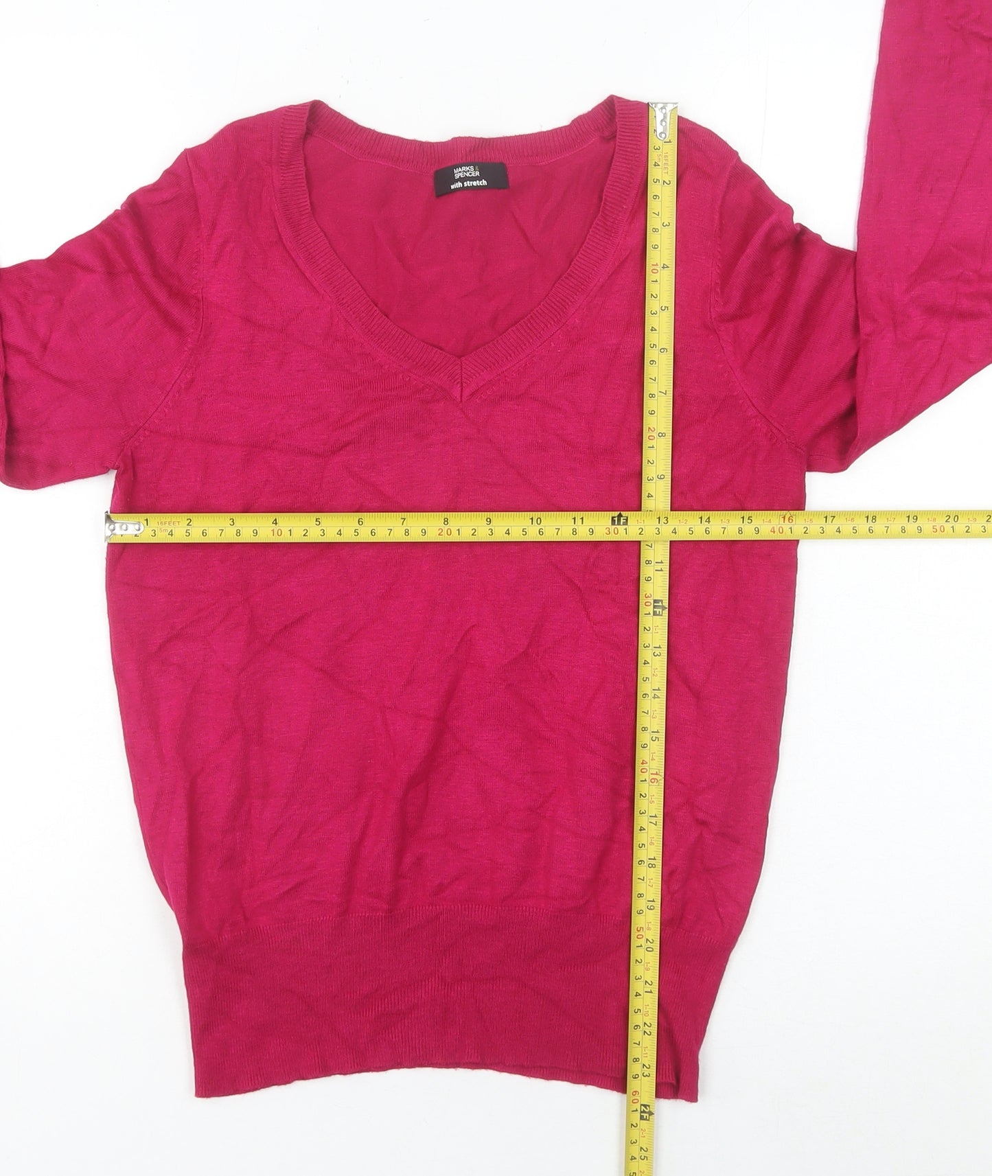 Marks and Spencer Women Pink Size 12 V-Neck Long Sleeve Pullover Jumper