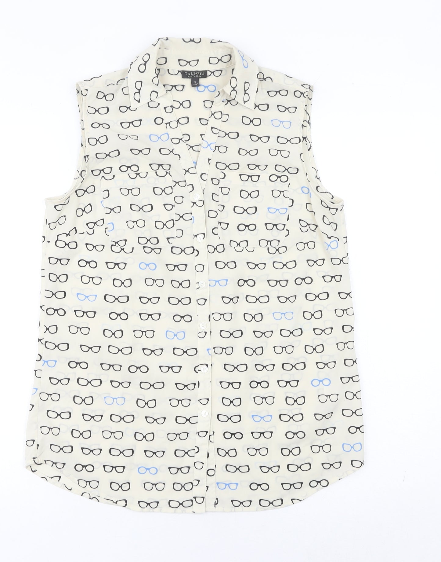 Talbots Women Ivory Sleeveless Button-Up Glasses Print Top S