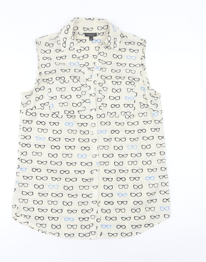 Talbots Women Ivory Sleeveless Button-Up Glasses Print Top S