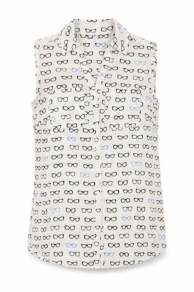 Front view of Talbots Women Ivory Sleeveless Button-Up Glasses Print Top S