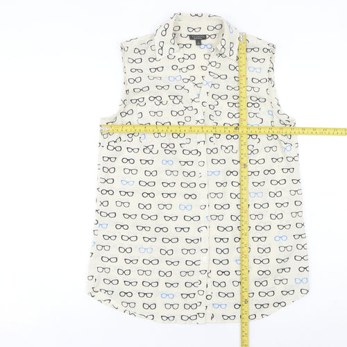 Talbots Women Ivory Sleeveless Button-Up Glasses Print Top S