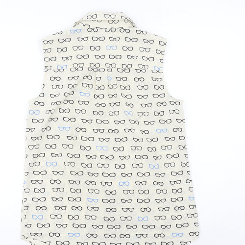 Talbots Women Ivory Sleeveless Button-Up Glasses Print Top S