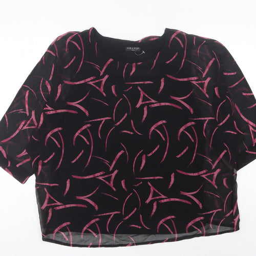 Viza Viz Women’s Black Pink Abstract Chiffon Blouse Size 14 3/4 Sleeve