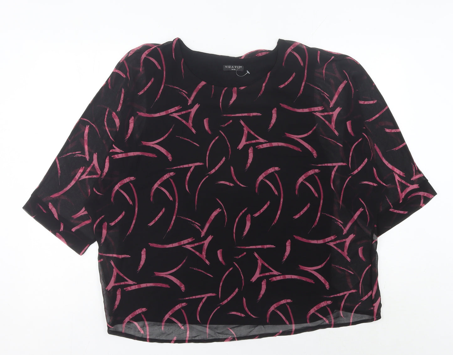 Viza Viz Women’s Black Pink Abstract Chiffon Blouse Size 14 3/4 Sleeve