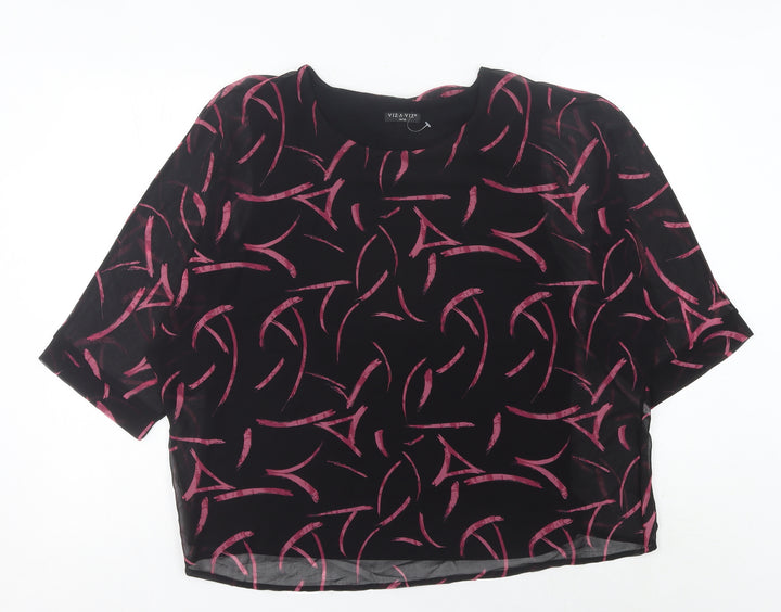 Viza Viz Women’s Black Pink Abstract Chiffon Blouse Size 14 3/4 Sleeve