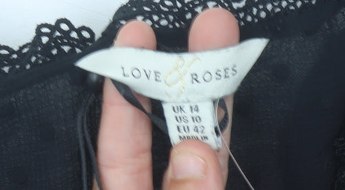 Love & Roses Women’s Black UK 14 Crochet Trim Chiffon Tunic Blouse