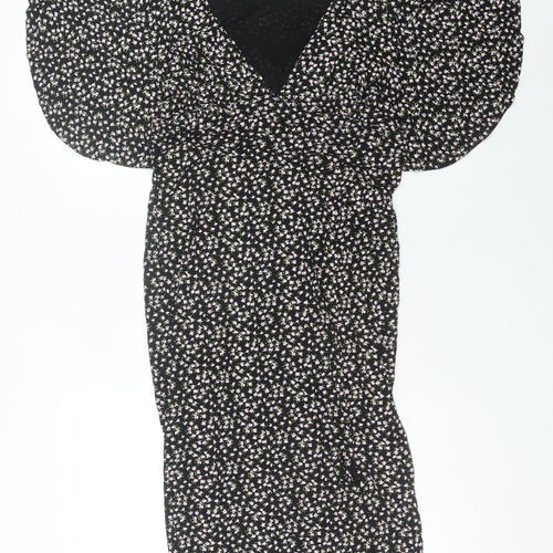 Nasty Gal Women’s Black Floral Midi Wrap Dress Size 12 V-Neck Flutter Sleeve