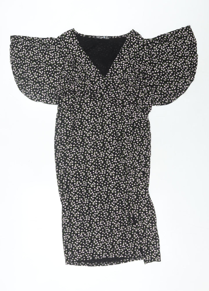 Nasty Gal Women’s Black Floral Midi Wrap Dress Size 12 V-Neck Flutter Sleeve