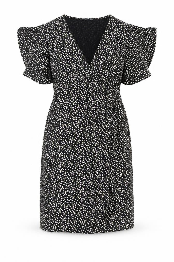 Nasty Gal Women’s Black Floral Midi Wrap Dress Size 12 V-Neck Flutter Sleeve