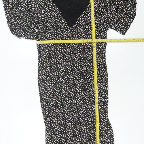 Nasty Gal Women’s Black Floral Midi Wrap Dress Size 12 V-Neck Flutter Sleeve