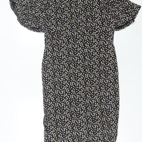 Nasty Gal Women’s Black Floral Midi Wrap Dress Size 12 V-Neck Flutter Sleeve