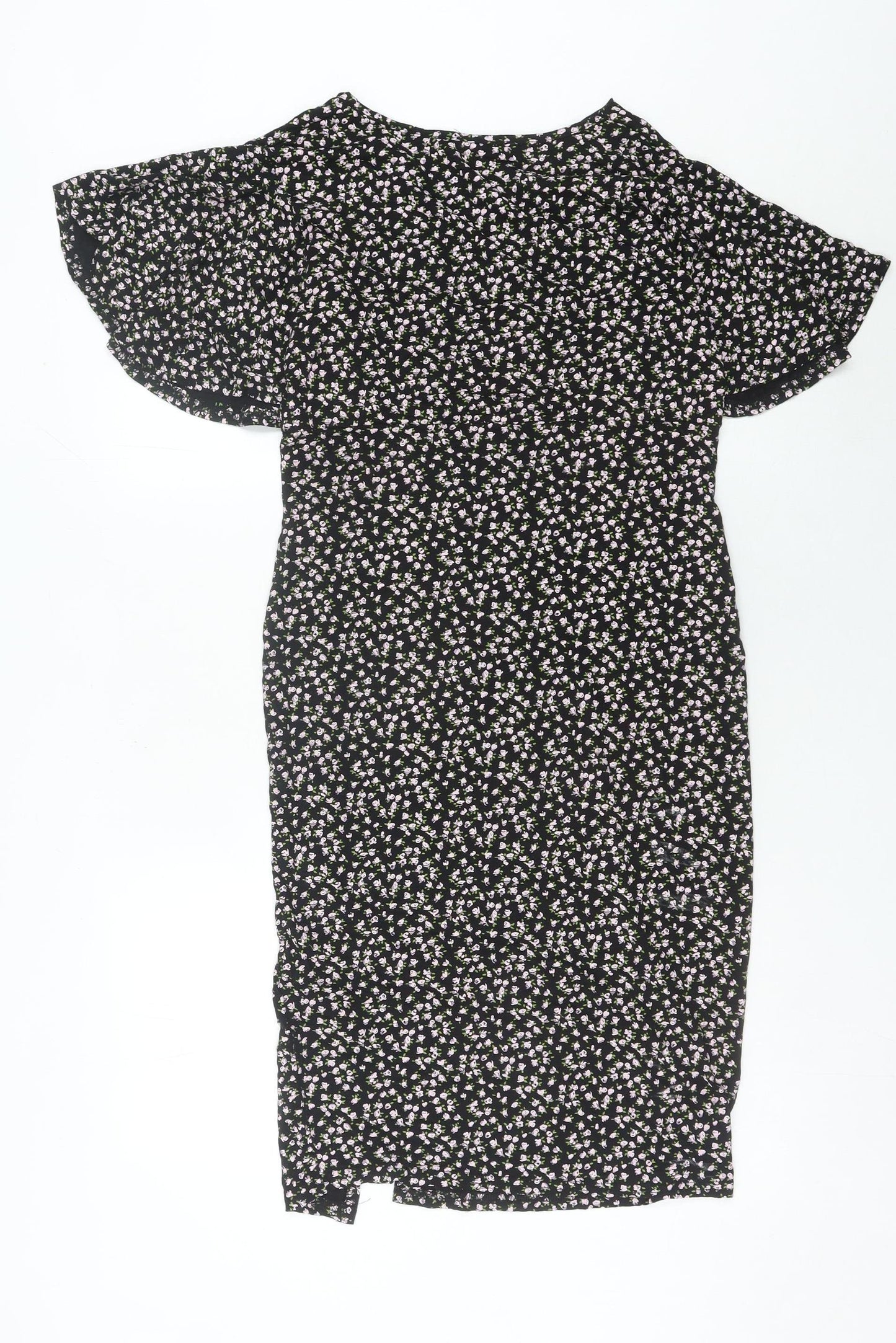Nasty Gal Women’s Black Floral Midi Wrap Dress Size 12 V-Neck Flutter Sleeve