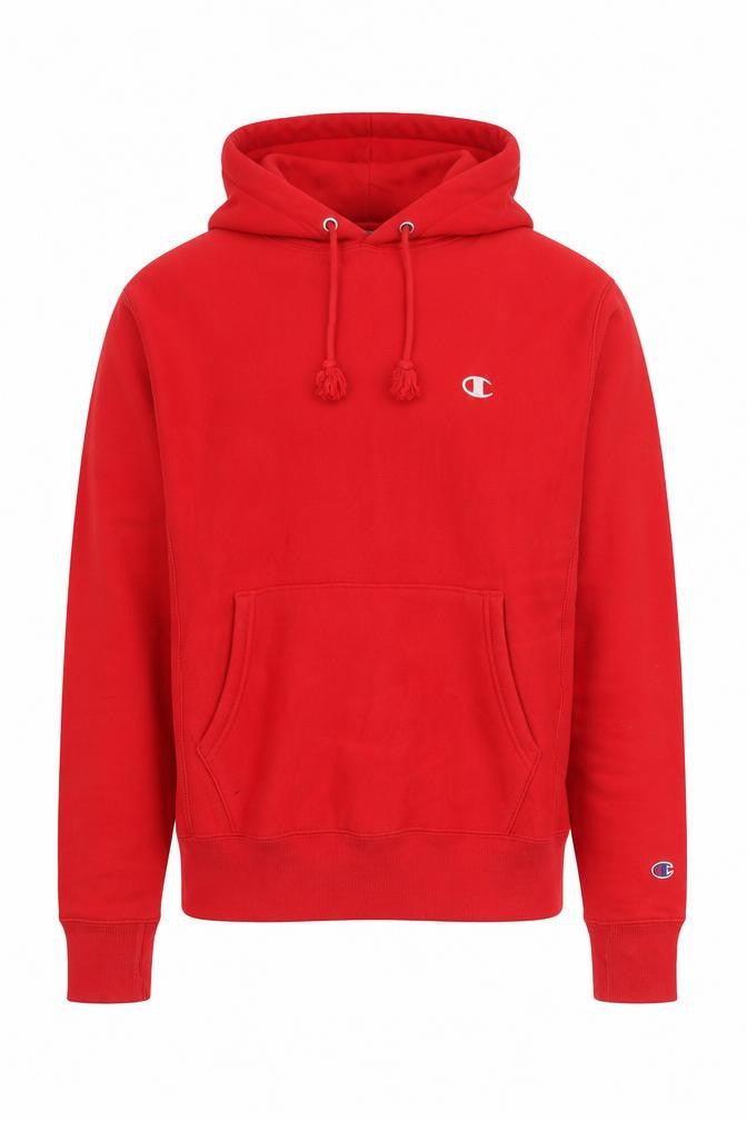 Front view of Champion Men's Red Small Reverse Weave Pullover Hoodie Logo Fleece
