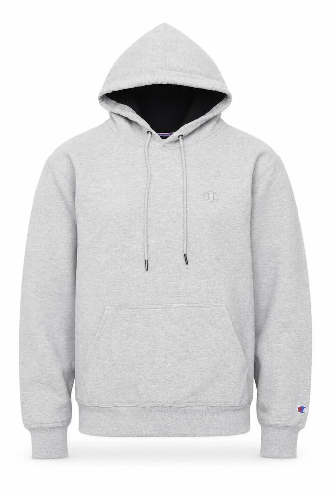 Front view of Champion Men's Grey Pullover Hoodie M Logo Fleece Kangaroo Pocket